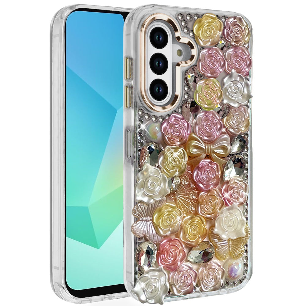 For Samsung Galaxy A16 5G Muti-Color Floral Fashion Bling Crystal 3D Full Diamonds Stones Sparkle Rhinestone Glitter Hybrid Case Cover