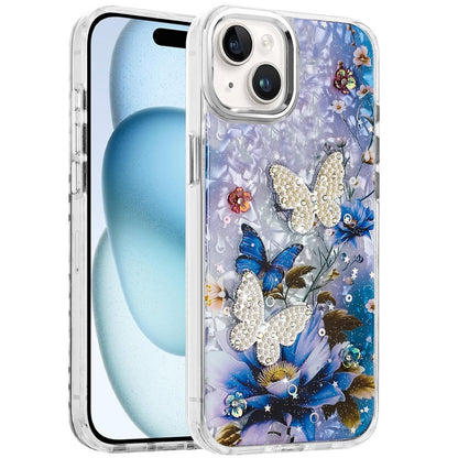 For Apple iPhone 15 Plus /14 Plus Epoxy Glitter Flowers Bling 3D Butterfly Fashion TPU Hybrid with Shockproof Protection Case Cover