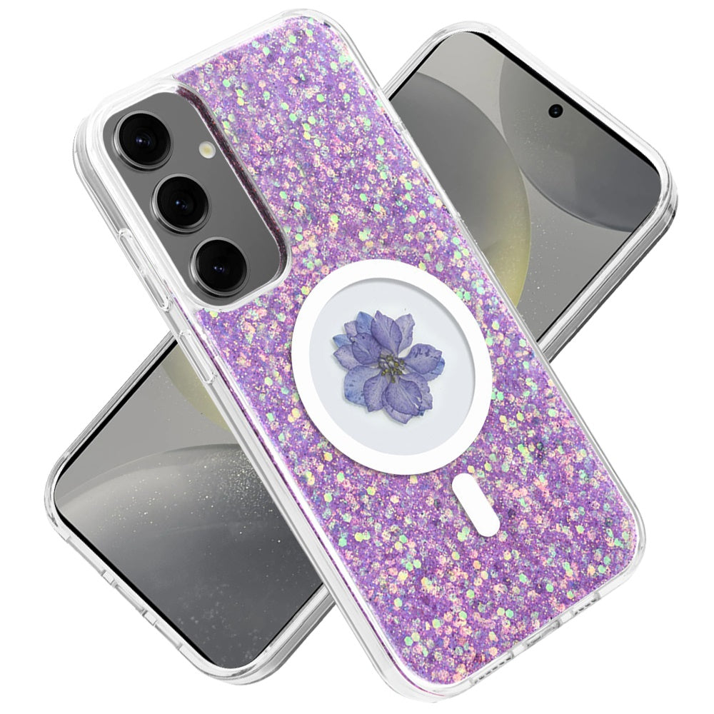 For Samsung Galaxy S25 /S24 MagSafe Compatible Glitter Flower Epoxy Hybrid Slim TPU Case, Magnetic Circle Design, Sparkly Bling Protective Case Cover