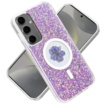 For Samsung Galaxy S25 /S24 MagSafe Compatible Glitter Flower Epoxy Hybrid Slim TPU Case, Magnetic Circle Design, Sparkly Bling Protective Case Cover