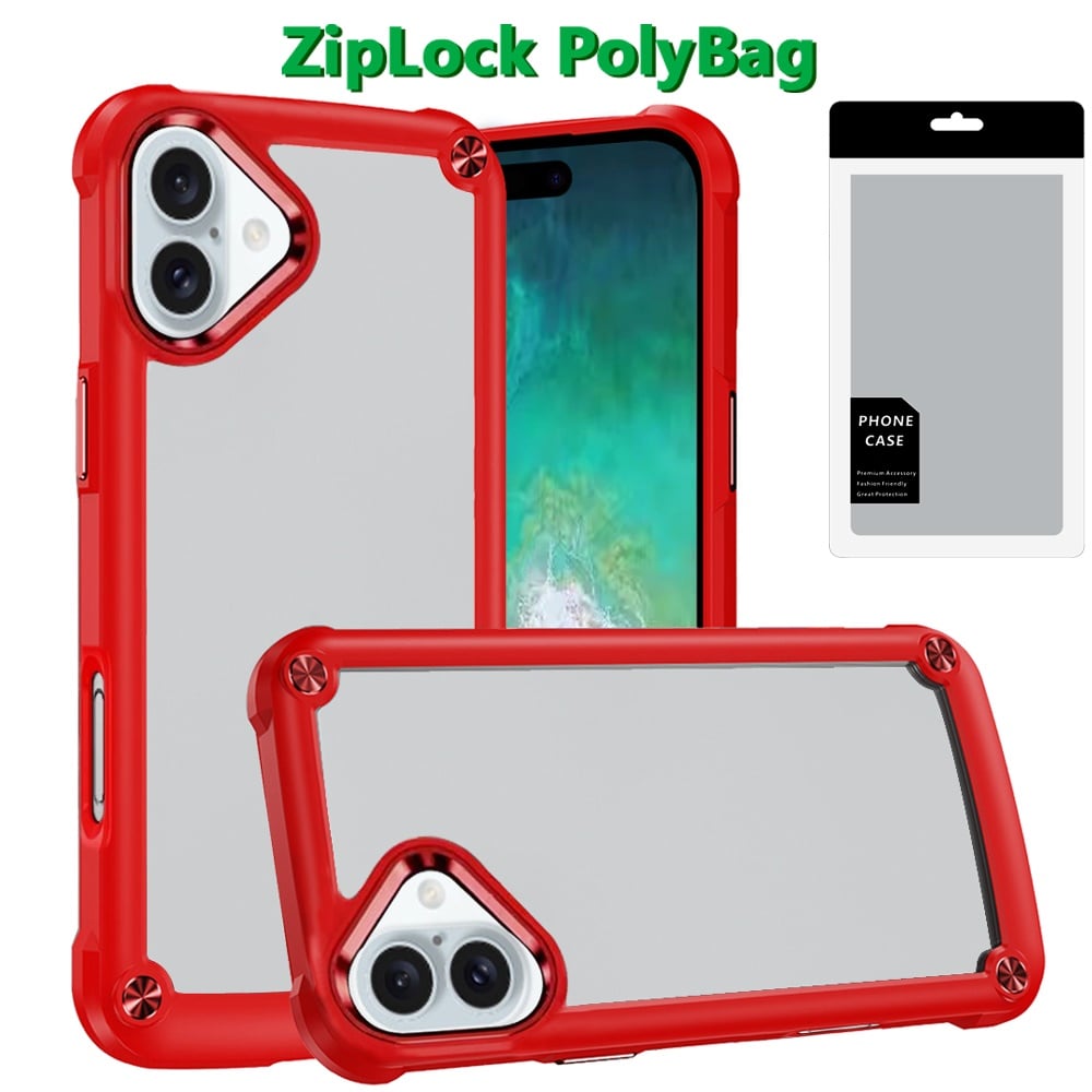 For Apple iPhone 16 Plus Hybrid Transparent Rubber with Metal Buttons & Camera Edges Hard TPU Corner Frame Bumper Case Cover Red