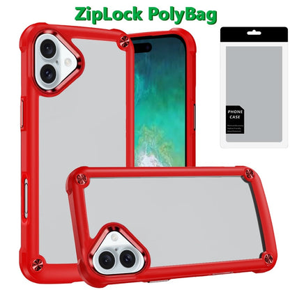 For Apple iPhone 16 Plus Hybrid Transparent Rubber with Metal Buttons & Camera Edges Hard TPU Corner Frame Bumper Case Cover Red