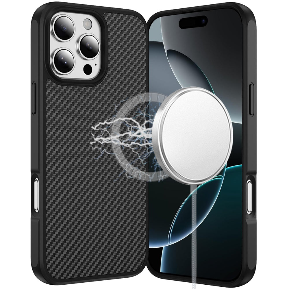 For Apple iPhone 13 Pro Max Carbon Fiber Design with Magnetic HQ 2.0mm Thick Hybrid Shockproof Rubber Hard PC Case Cover Black