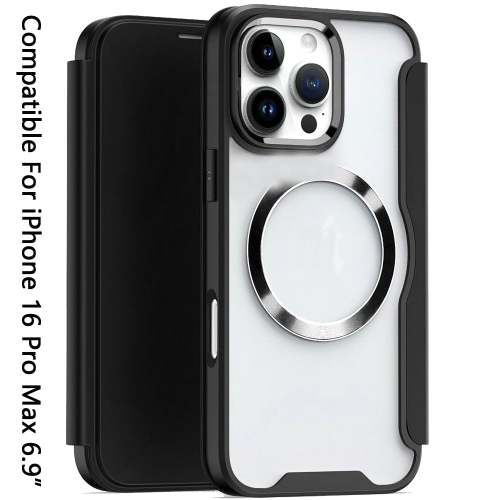 For Apple iPhone 16 Pro Max (6.9") Flap Wallet Case Credit Card Slot, Clear TPU Back Hard [Magnetic Circle] Compatible with Magsafe Case Cover Black