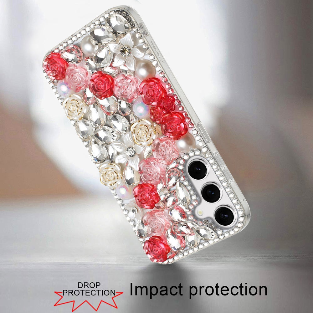 For Samsung Galaxy S25 /S24 Fashion Rose Flower Floral, 3D Bling Crystal Full Diamonds Pearl Sparkle Rhinestone Glitter Hybrid Case Cover