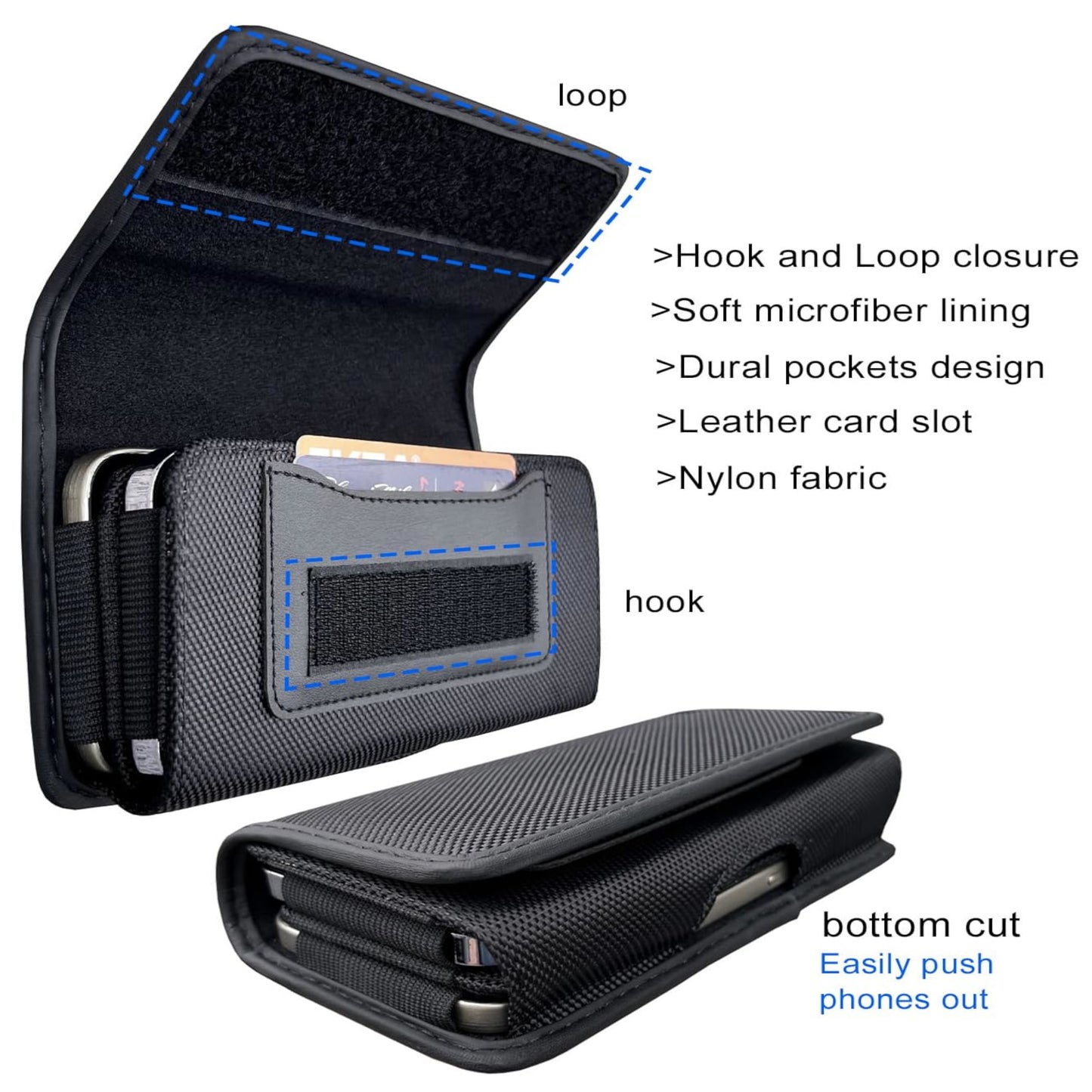 For Apple iPhone 16 Plus (6.7") Universal Dual Phone Holster Horizontal Pouch for 2 Phones, Double Decker Belt Clip Case with Credit Card Slots Wallet Cover [Black]