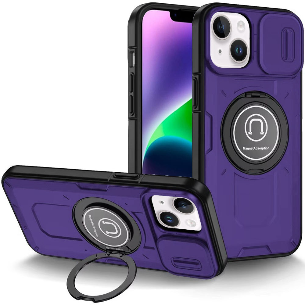 For Apple iPhone 16 (6.1") Build in Invisible Magnetic Ring Stand with Slide Camera Protector, fit Magnetic Car Mount [Compatible with MagSafe] Case Cover
