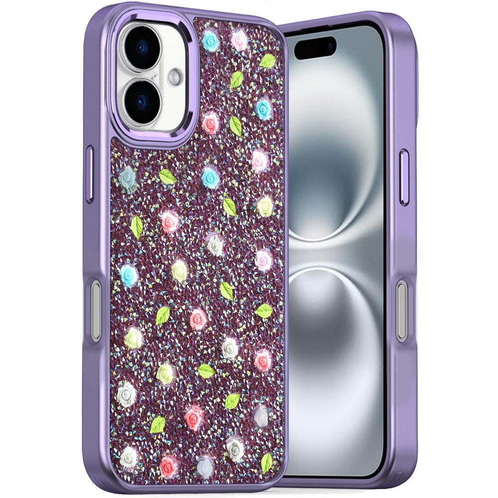 For Apple iPhone 16 (6.1") Floral Design Embedded Glass Diamond Fancy Fashion Glitter Bling Sparkly Hybrid Rugged TPU Bumper Case Cover