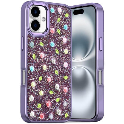 For Apple iPhone 16 Plus (6.7") Floral Design Embedded Glass Diamond Fancy Fashion Glitter Bling Sparkly Hybrid Rugged TPU Bumper Case Cover