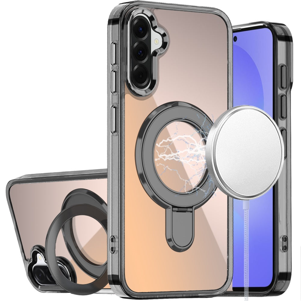 For Samsung Galaxy A37 Chrome Hybrid with Rotating Magnetic Circle Ring Stand, Slim Shockproof Hybrid Case Cover