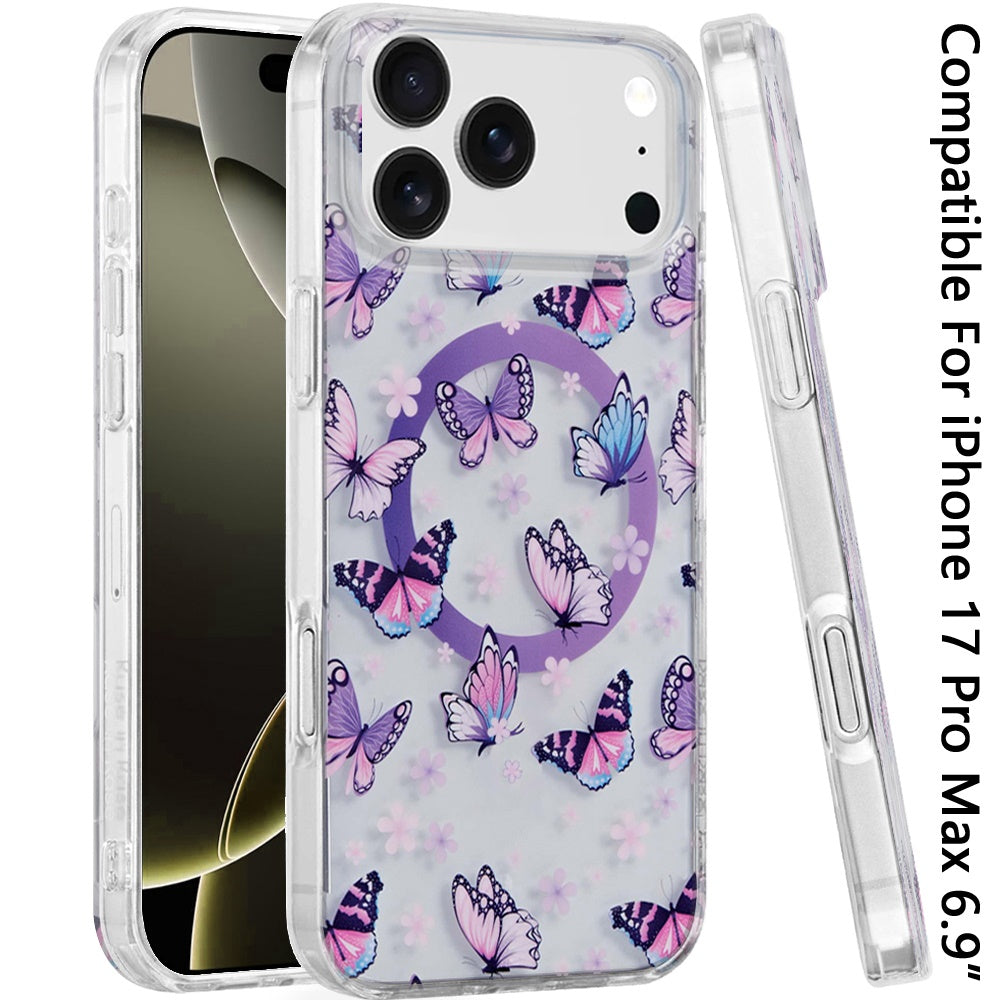 For Apple iPhone 17 Pro Max Stylish Pattern Fashion IMD Printed Design TPU Double Layer Slim Shockproof with Magnetic Back Case Cover Purple Butterflies