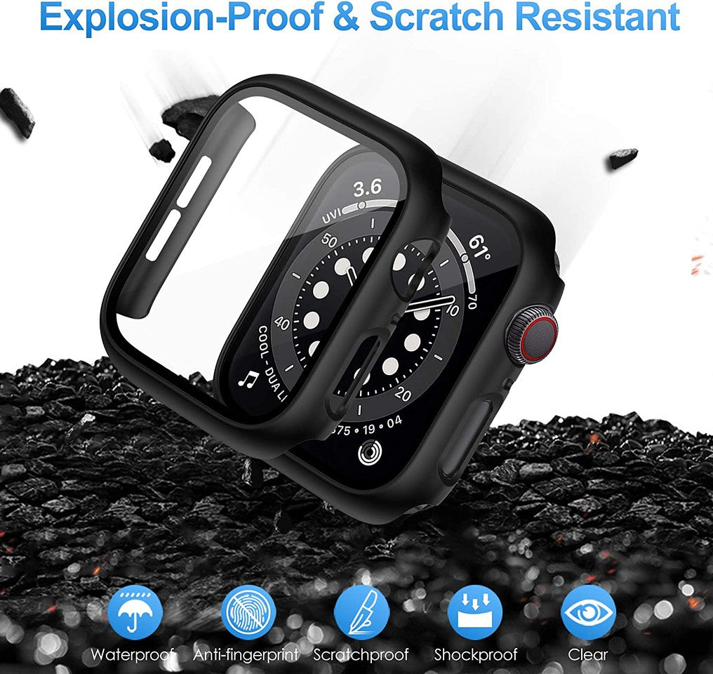 For Apple Watch Size 45mm Hard PC Electroplate Frame Face Full Coverage Protective with Tempered Glass Screen Protector Case Cover