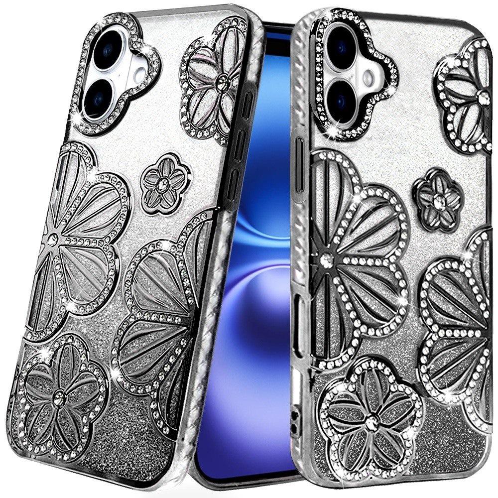 For Apple iPhone 17 (6.3") Luxury Flower Design Sparkle Glitter Diamond Rhinestone Shimmer Bling Plating Thick TPU Hard PC Case Cover