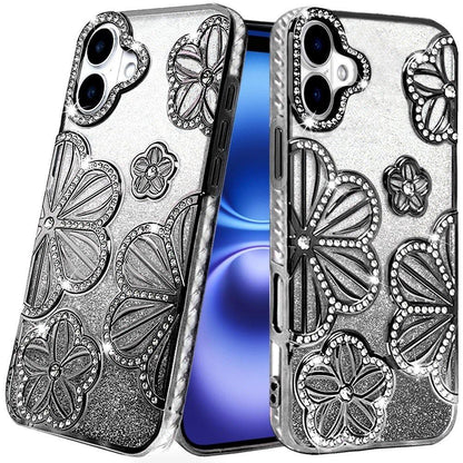 For Apple iPhone 17 (6.3") Luxury Flower Design Sparkle Glitter Diamond Rhinestone Shimmer Bling Plating Thick TPU Hard PC Case Cover