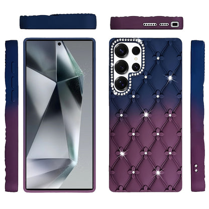 For Samsung Galaxy S24 Ultra Fashion Flower Design Sparkle Glitter Shimmer Rhinestone Bling Floral Accents, Leather Texture TPU Case Cover