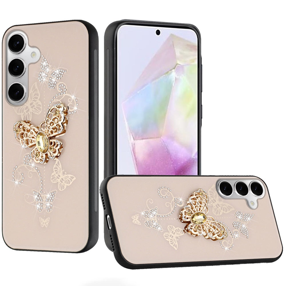 For Samsung Galaxy A36 Diamonds 3D Butterfly Bling Sparkly Glitter Ornaments Engraving Hybrid Metal Fashion Case Cover Gold Garden Butterflies