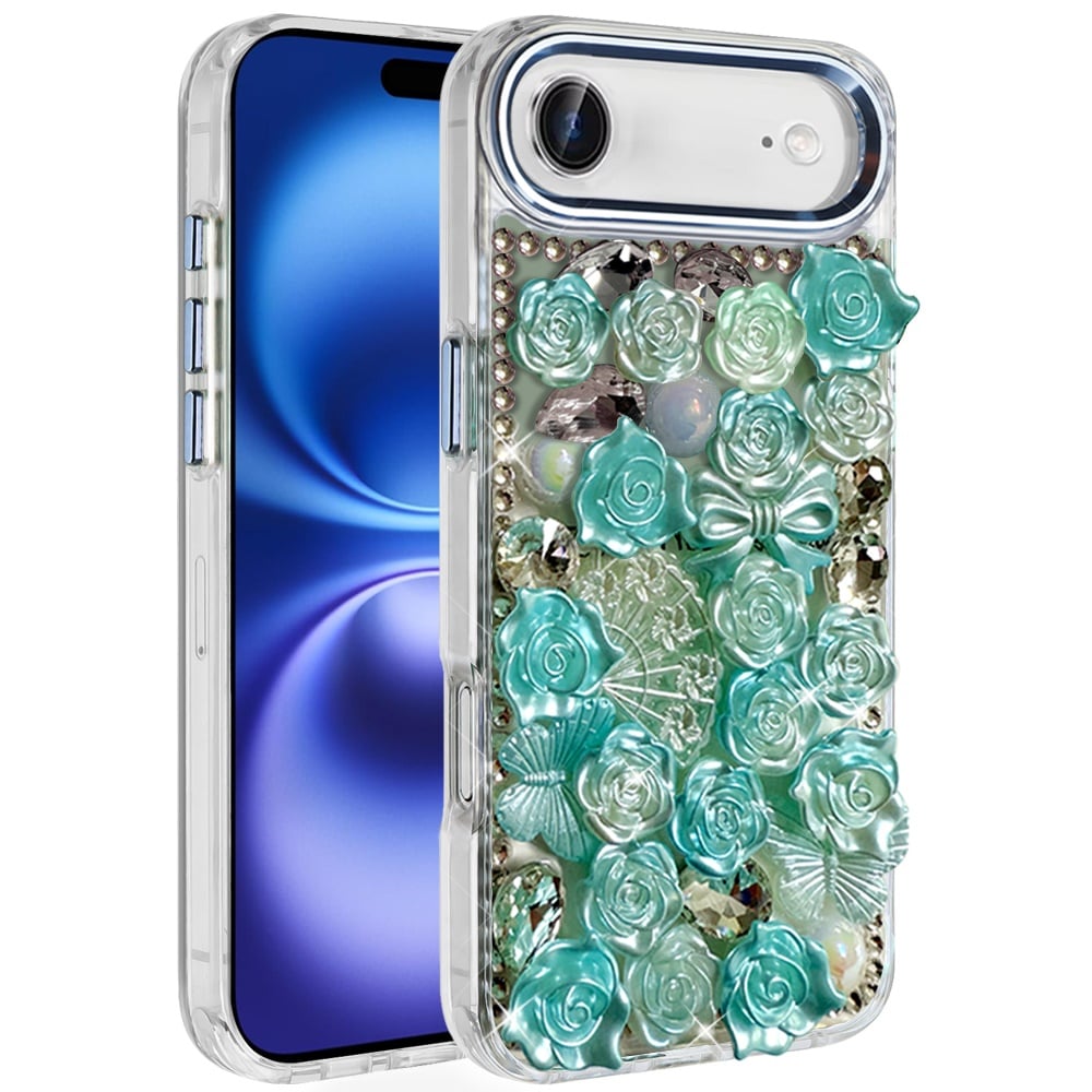 For Apple iPhone 17 Air (6.6") Muti-Color Floral Fashion Bling Crystal 3D Full Diamonds Stones Sparkle Rhinestone Glitter Hybrid Case Cover