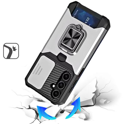 For Samsung Galaxy A26 Wallet Case with Ring Stand & Slide Camera Cover Back Credit Card Slot Holder, Military Grade Case Cover Silver