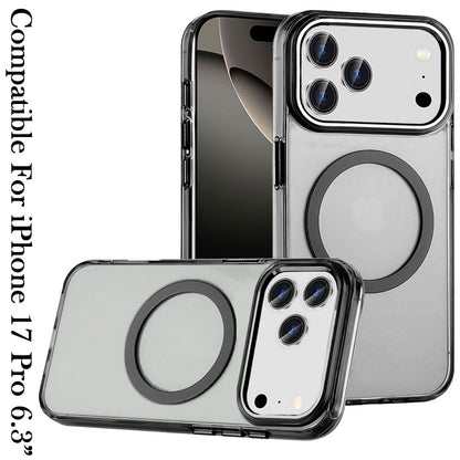 For Apple iPhone 17 Pro (6.3") Transparent Back Hybrid Case - Magnetic Circle, Color Frame, Metal Buttons, MagSafe Compatible Case Cover