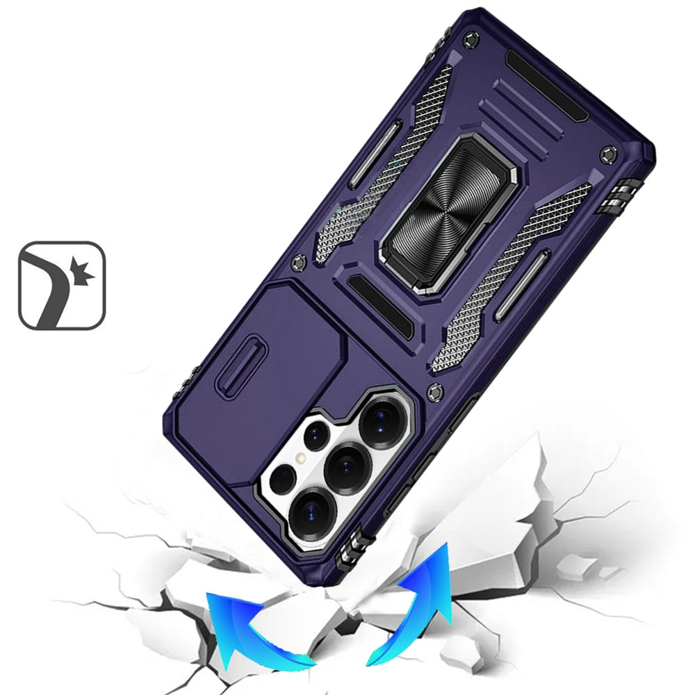 For Samsung Galaxy S26 Ultra Tough Hybrid Case with Movable Camera Window & Metal Ring Stand Shockproof Case Cover