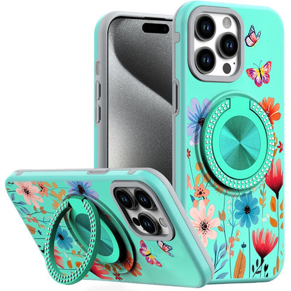 For Apple iPhone 16e Pattern Design Hybrid with Invisible Ring Stand & Magnetic Back, Shockproof Protective Grip Case Cover Summer Bloom