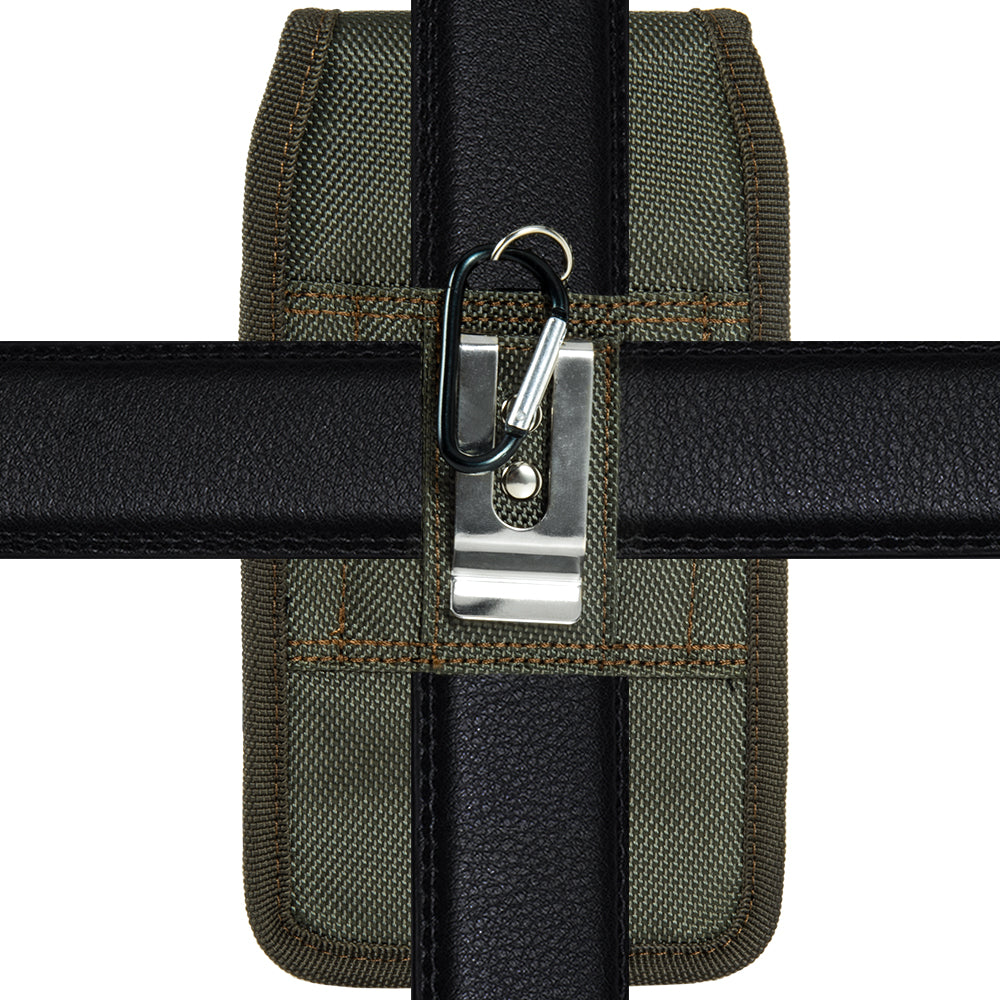 For Apple iPhone 16 Pro (6.3") Universal Nylon Pouch Case Vertical Phone Holster with Dual Card Slots, Pen Holder, Belt Clip Loop & Hook Cover [Green]