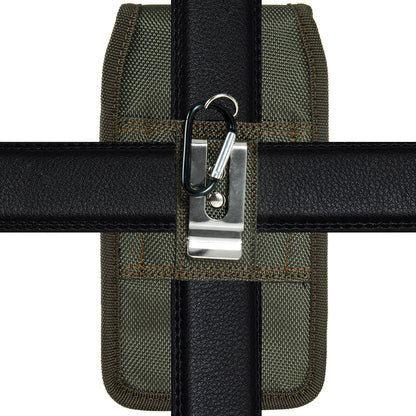 For Apple iPhone 16 Pro (6.3") Universal Nylon Pouch Case Vertical Phone Holster with Dual Card Slots, Pen Holder, Belt Clip Loop & Hook Cover [Green]