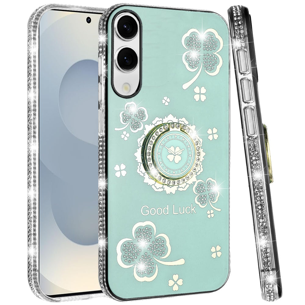 For Samsung Galaxy S25 EDGE Diamonds Bling All Around Edges Sparkly Glitter Hybrid with Ring Stand Holder Fashion Good Luck Case Cover