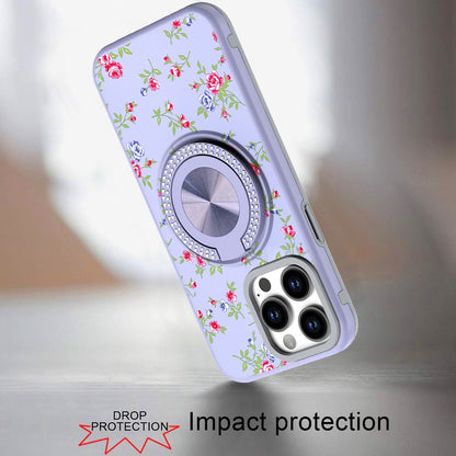 For Apple iPhone 16e Pattern Design Hybrid with Invisible Ring Stand & Magnetic Back, Shockproof Protective Grip Case Cover Purple Spring Floral