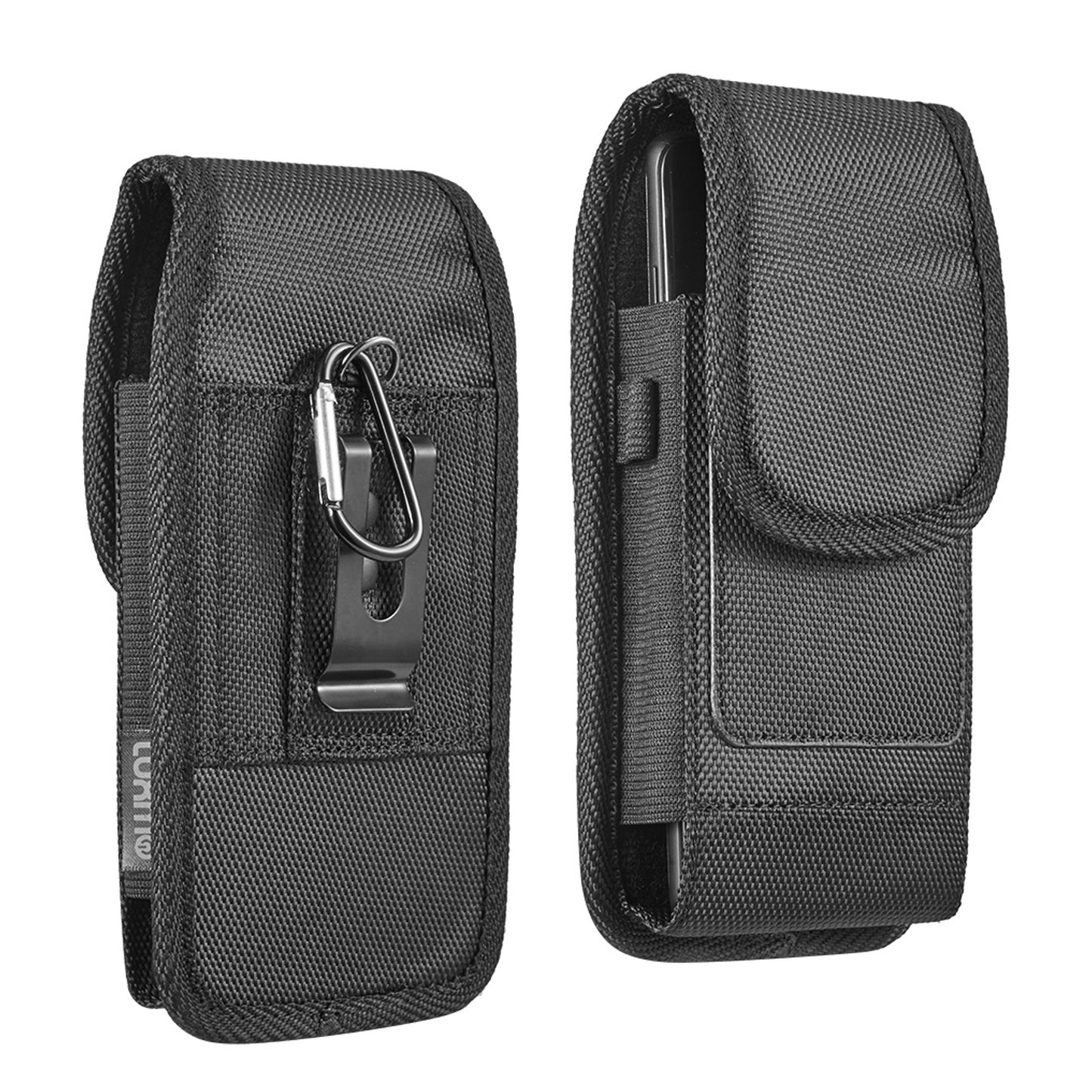For Apple iPhone 16 (6.1") Universal Nylon Pouch Case Vertical Phone Holster with Dual Card Slots, Pen Holder, Belt Clip Loop & Hook Cover [Black]