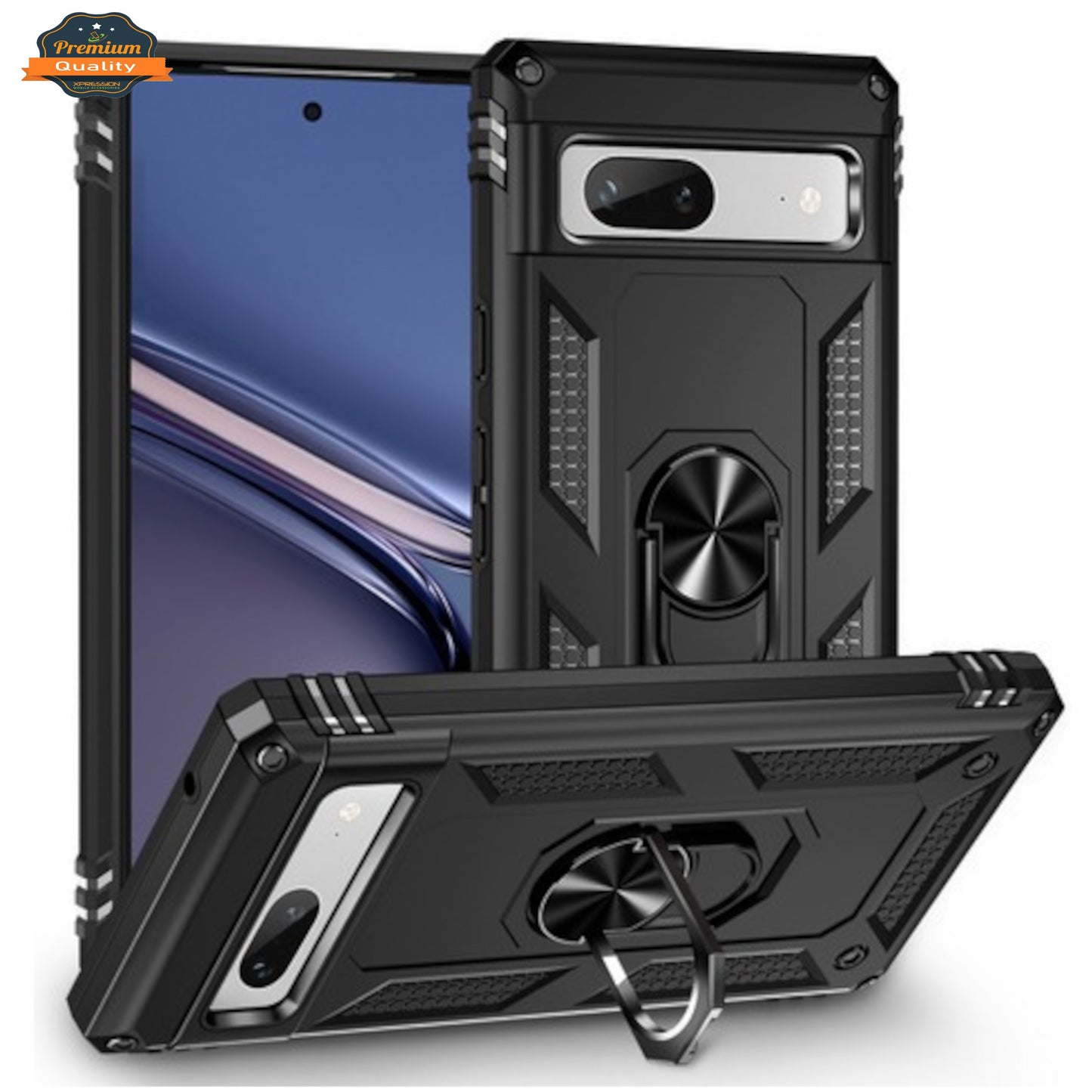 For Google Pixel 9 Pro XL (6.8") Shockproof Hybrid Dual Layer PC TPU with Ring Stand Metal Kickstand Heavy Duty Armor Shell Case Cover