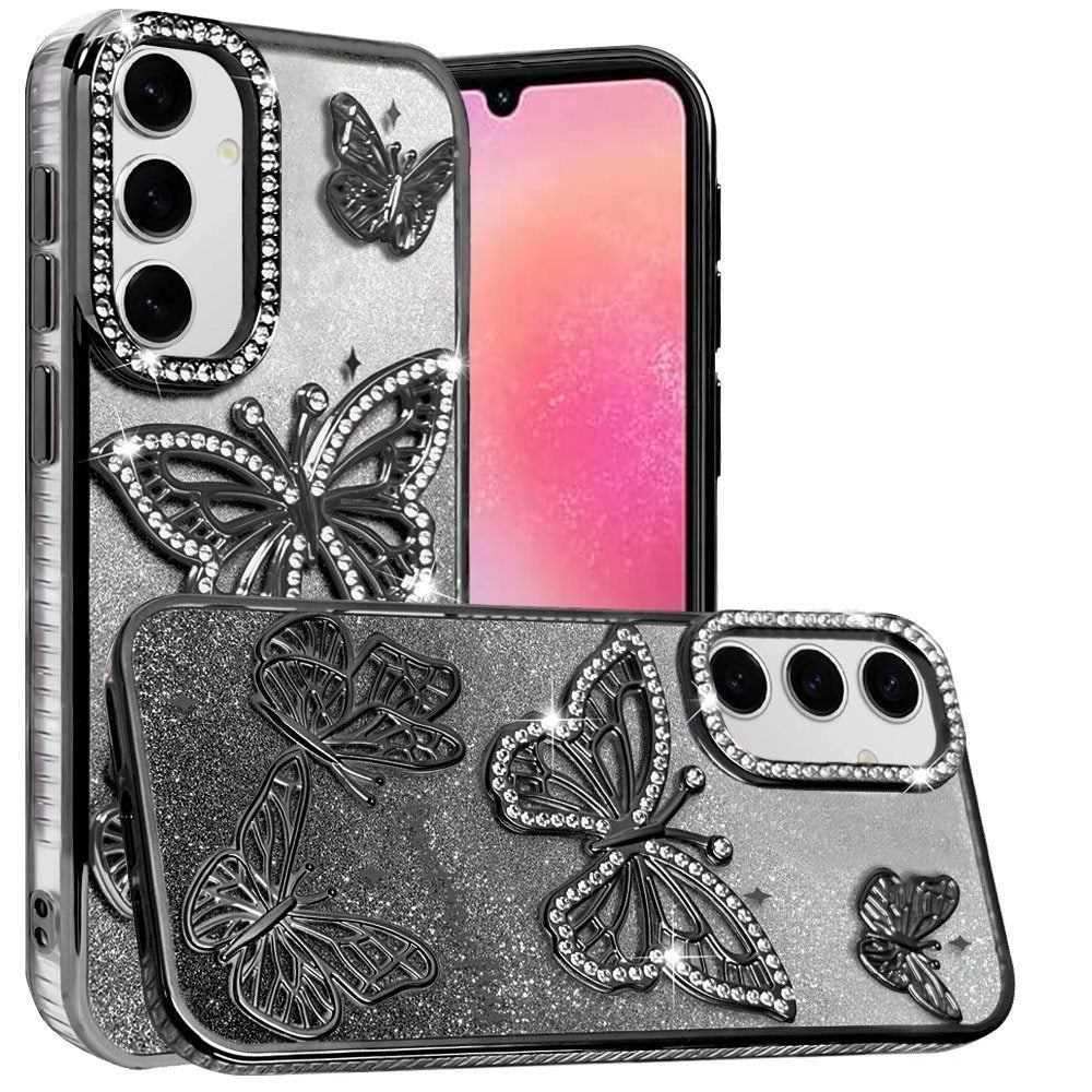 For Samsung Galaxy S24 Fan Edition /Galaxy S24 FE Luxury Butterfly Sparkle Glitter Diamond Crystal Rhinestone Shimmer Bling Plating Thick TPU Hard PC Case Cover