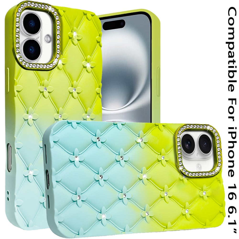 For iPhone 16 (6.1") Fashion Flower Design Sparkle Glitter Shimmer Rhinestone Bling Floral Accents, Leather Texture TPU Case Cover Light Green/Teal