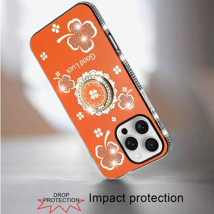 For iPhone 16 Pro Max (6.9") Diamonds Bling All Around Edges Sparkly Glitter Hybrid with Ring Stand Holder Fashion Good Luck Case Cover Cosmic Orange