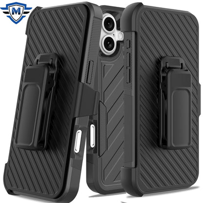 For Apple iPhone 16 Plus (6.7") Premium Design Hybrid lined with Belt Clip Holster Shockproof Rugged Textured 2in1 Non Slip Tough Case Cover Black