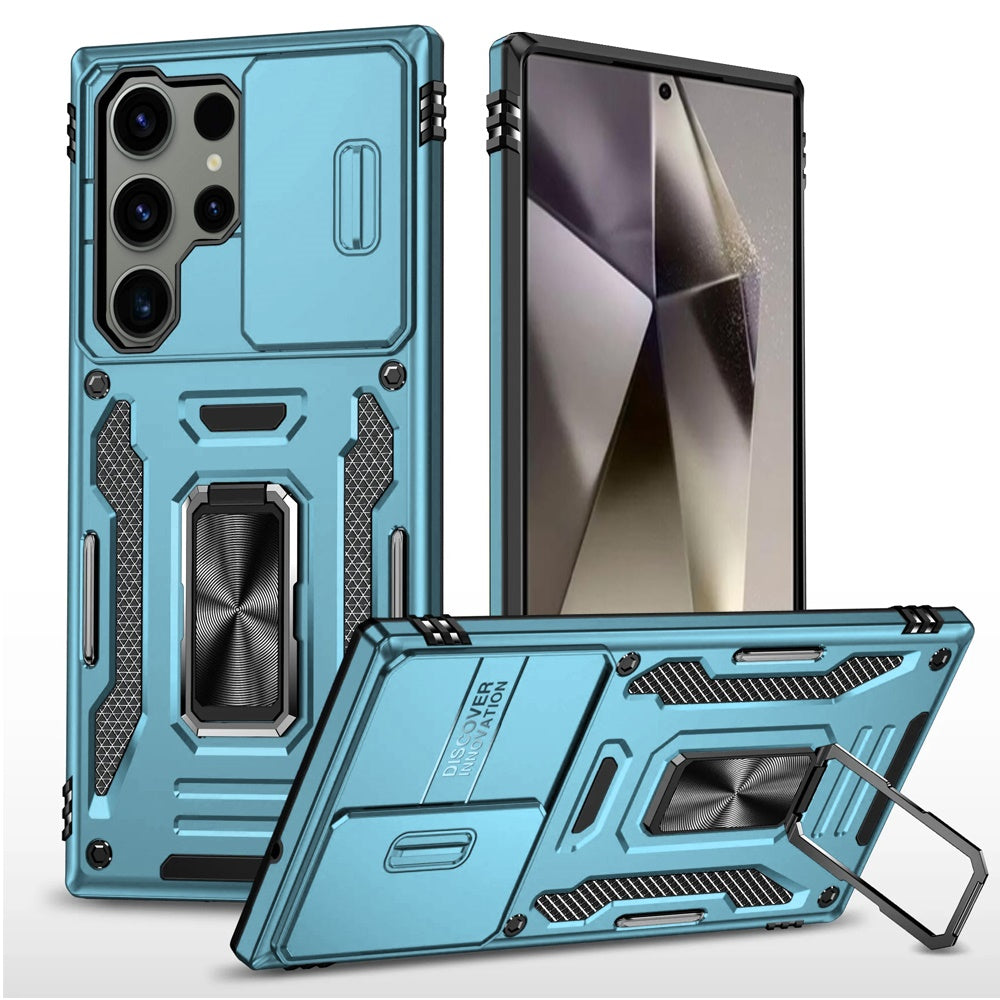 For Samsung Galaxy S25 /S24 Tough Hybrid Case with Movable Camera Window & Metal Ring Stand Shockproof Case Cover