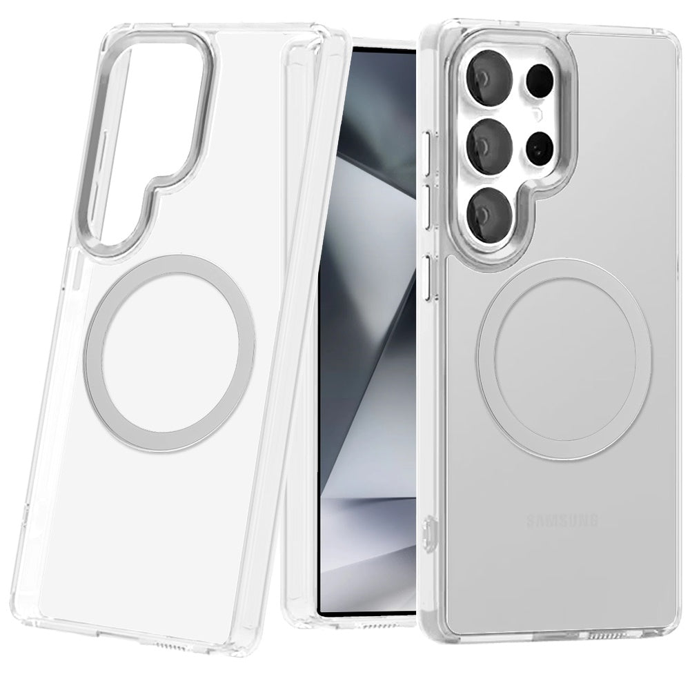 For Samsung Galaxy S24 Ultra Transparent Back Hybrid Case - Magnetic Circle, Color Frame, Metal Buttons, MagSafe Compatible Case Cover
