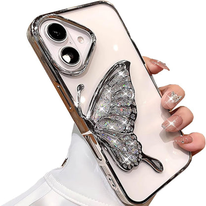 For Apple iPhone 16 (6.1") Glitter 3D Butterfly Bling Luxury Electroplate Chrome Sparkle Liquid Flowing Plating Bumper Case Cover