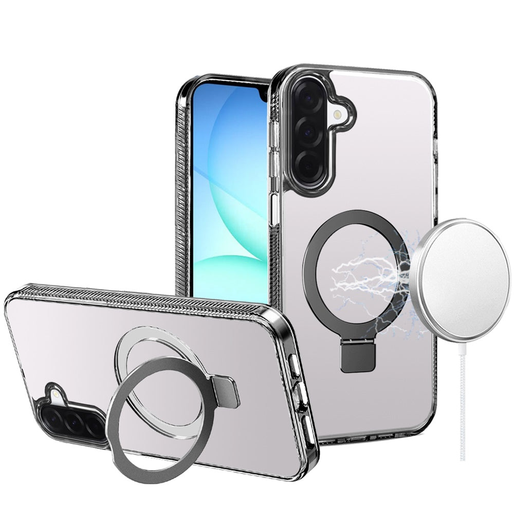 For Samsung Galaxy A17 5G Transparent Magnetic Ring Circle Stand with MagSafe Compatible Hybrid Dotted Edged Hard PC Shockproof Case Cover Black