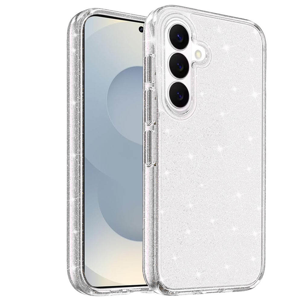 For Samsung Galaxy S26 Transparent Glitter Shiny Sparkle Bling TPU Rubber Hard Back Hybrid Frame Shockproof Case Cover