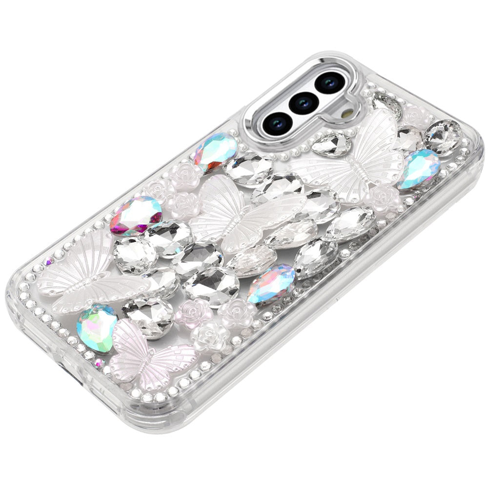 For Samsung Galaxy A16 3D Diamond Floral Butterfly Bling Stone Hybrid, Sparkly Rhinestone Gemstone Back Shockproof Case Cover
