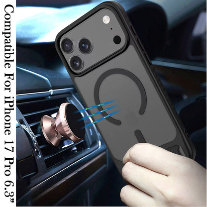 For Apple iPhone 17 Pro (6.3") Matte Magnetic Circle Back TPU Hybrid Drop Protection with Metal Kickstand Shockproof Design Case Cover
