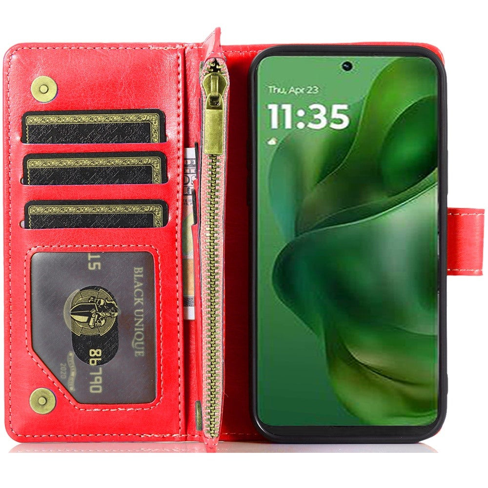 For Motorola Moto G Stylus 5G 2025 Leather Wallet Case with Zipper, 9 Card Slots, Cash Pocket, Stand & Strap, Clutch Pouch Design Case Cover Red