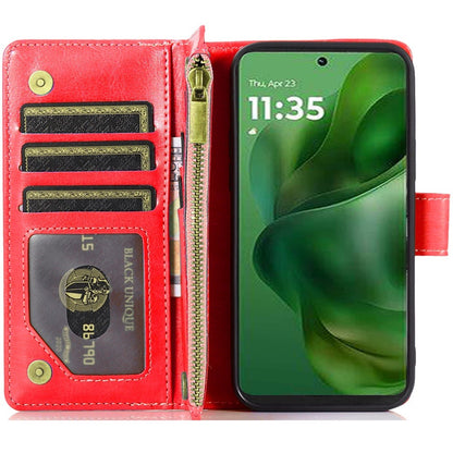 For Motorola Moto G Stylus 5G 2025 Leather Wallet Case with Zipper, 9 Card Slots, Cash Pocket, Stand & Strap, Clutch Pouch Design Case Cover Red