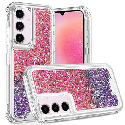 For Samsung Galaxy A26 Epoxy Bling Glitter Sparkly 3-in-1 Transparent Hybrid Full-Body Shockproof PC Bumper Case Cover Hot Pink + Purple