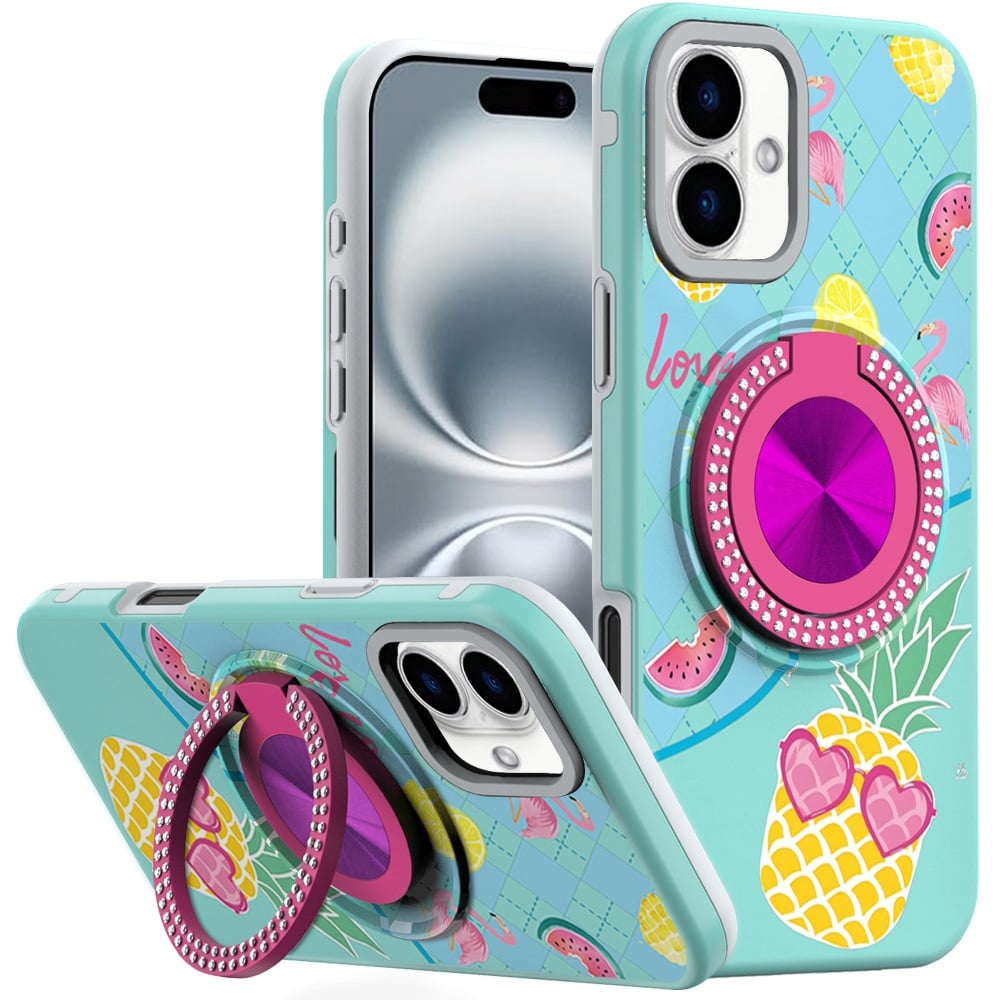 For Apple iPhone 16 Plus Pattern Design Hybrid with Invisible Ring Stand & Magnetic Back, Shockproof Protective Grip Case Cover Pineapple Love Vibe