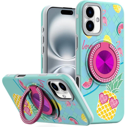 For Apple iPhone 16 Plus Pattern Design Hybrid with Invisible Ring Stand & Magnetic Back, Shockproof Protective Grip Case Cover Pineapple Love Vibe