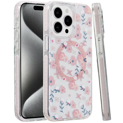 For Apple iPhone 15 Pro Max (6.7") Floral Pattern Design Cute Clear Hybrid Compatible with Magsafe Double Layer Soft TPU Hard PC Case Cover