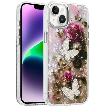 For iPhone 14/13 (6.1") Epoxy Glitter Flowers Bling 3D Butterfly Fashion TPU Hybrid with Shockproof Protection Case Cover Rose Gold
