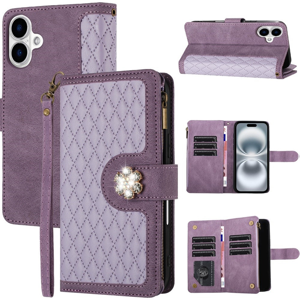 For Apple iPhone 16 (6.1") PU Leather Wallet Design Jewel Bling with Credit Card Holder Flip Folio Pouch Zipper Purse Wrist Strap Case Cover